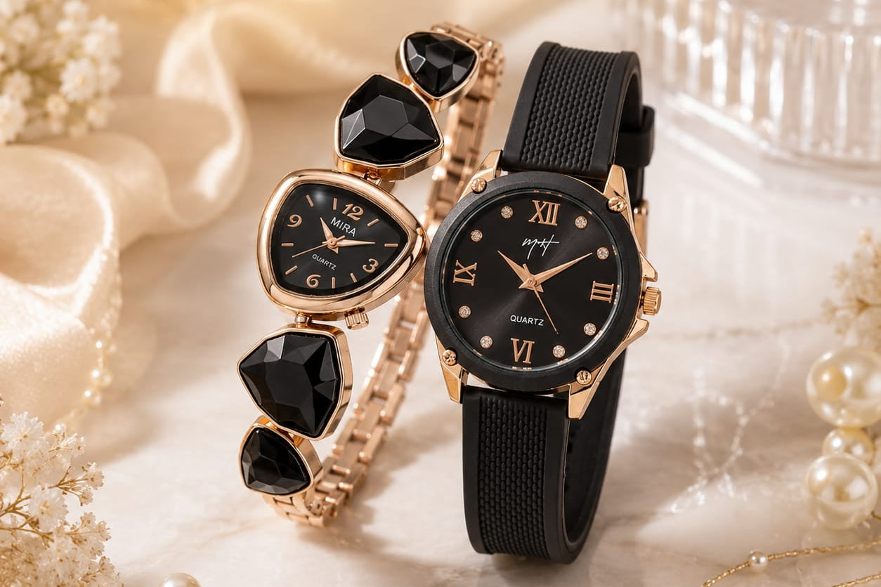 Two fashion watches displayed together on a soft beige fabric backdrop with decorative pearls and ribbon. One watch is rose gold with black faceted stones and a black dial; the other is black with a black strap and black dial.